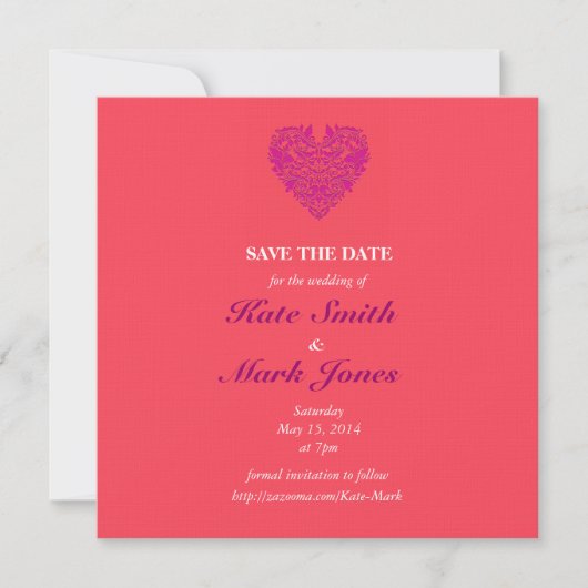 HeartyParty Raspberry en Magenta Damask Heart Save The Date (Voorkant)