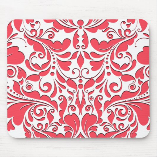 HeartyParty Raspberry Red & White Damask Heart Muismat (Voorkant)