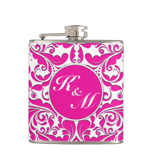 HeartyParty roze magenta en White Damask Heart Heupfles