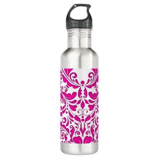HeartyParty roze magenta en White Damask Heart Waterfles (Voorkant)