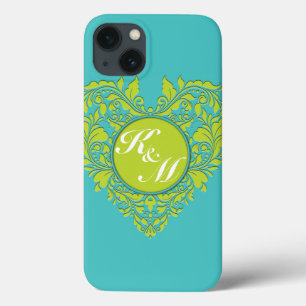 HeartyParty Turquoise en Limoen Damask Heart iPhone 13 Hoesje