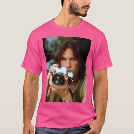 Heath Ledger met  camera witte achtergrond T-shirt (Voorkant)