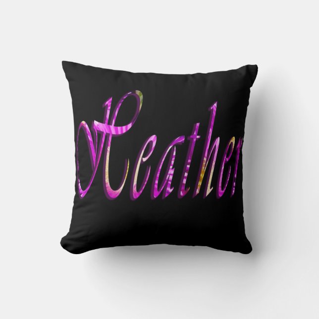 Heather, Girls Name Logo, Black Throw Cushion. Kussen (Voorkant)