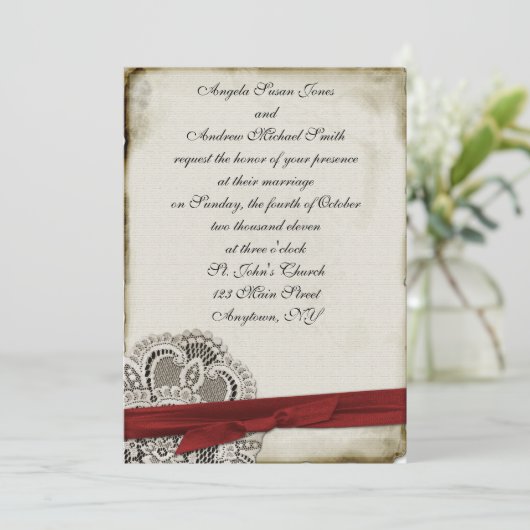 Heather  Lace Red Uitnodiging (Staand voorkant)