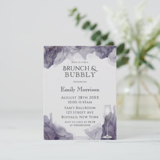 Heather Paars Gold Brunch & Bubble Invites Kaart (Staand voorkant)