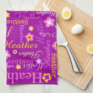 Heather text name paarse bloemkeukenhanddoek theedoek