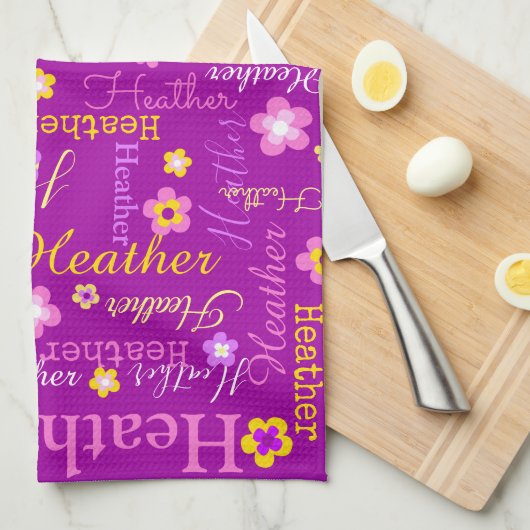 Heather text name paarse bloemkeukenhanddoek theedoek (Quarter Fold)