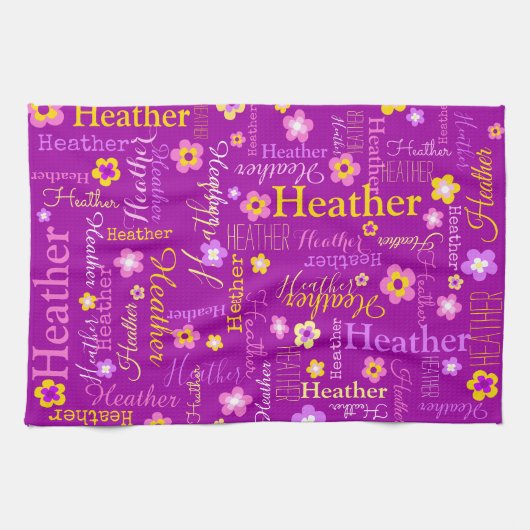 Heather text name paarse bloemkeukenhanddoek theedoek (Horizontaal)