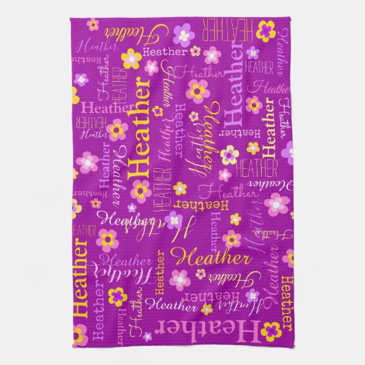 Heather text name paarse bloemkeukenhanddoek theedoek (Verticaal)