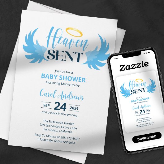 Heaven Send Blue Angel Wings Baby shower Kaart