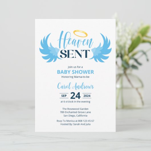 Heaven Send Blue Angel Wings Baby shower Kaart (Staand voorkant)