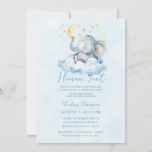 Heaven Send Blue Elephant Baby shower Kaart (Voorkant)