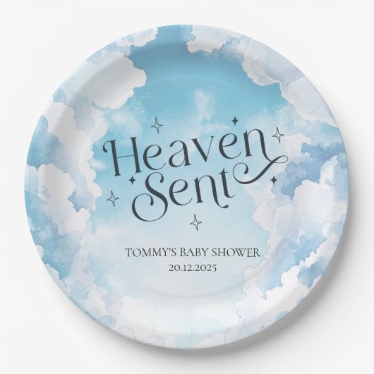 Heaven Send Blue Sky Clouds Baby shower Custom Papieren Bordje (Voorkant)