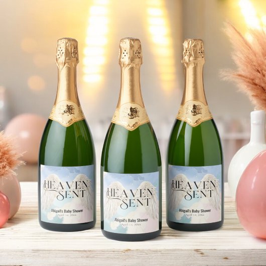 Heaven Send Pastel Angel Wings Baby shower Sparkling Wijnetiket