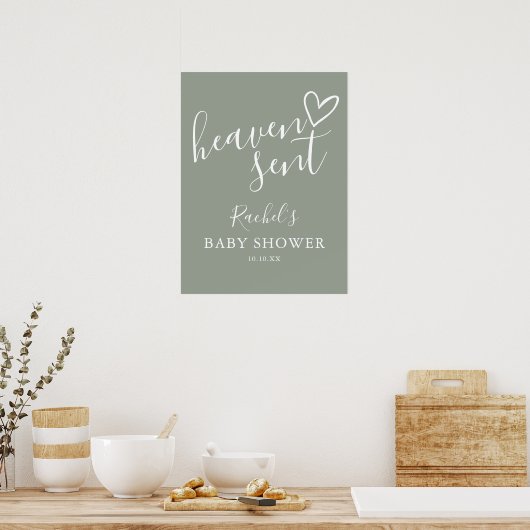 Heaven Send Sage Green Neutral Baby shower Sign Poster (Keuken)