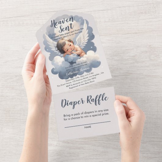 Heaven Sent Angel Baby in Clouds Baby shower All In One Uitnodiging (Afscheurbaar)