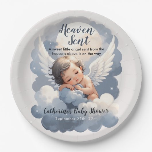 Heaven Sent Angel Baby in Clouds Baby shower Papieren Bordje (Voorkant)