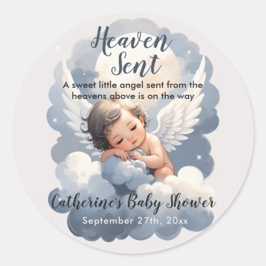 Heaven Sent Angel Baby in Clouds Baby shower Ronde Sticker (Voorkant)