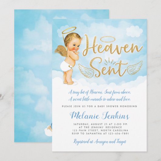 Heaven Sent Angel Boy Baby shower Invitation Kaart (Voorkant / Achterkant)