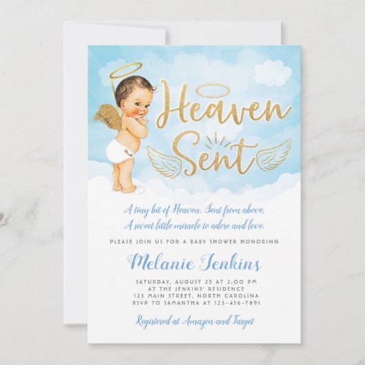 Heaven Sent Angel Boy Baby shower Invitation Kaart (Voorkant)