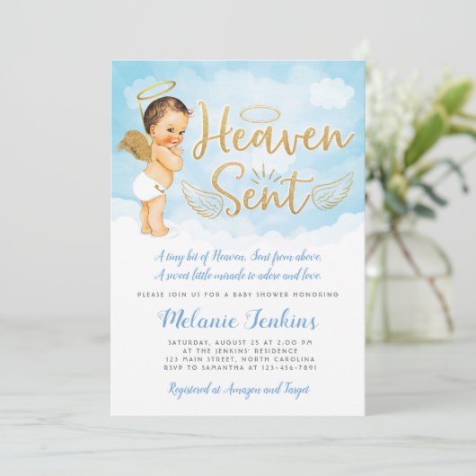 Heaven Sent Angel Boy Baby shower Invitation Kaart (Staand voorkant)