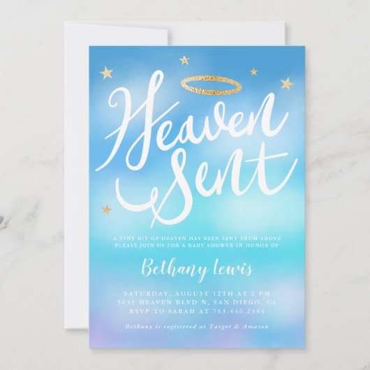 Heaven Sent Angel Gold Halo Blue Baby shower Kaart (Voorkant)