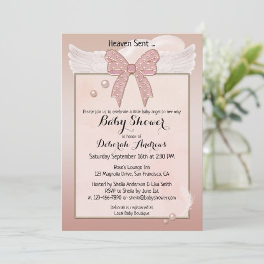 Heaven Sent Angel Wing Girl Baby shower Kaart (Staand voorkant)