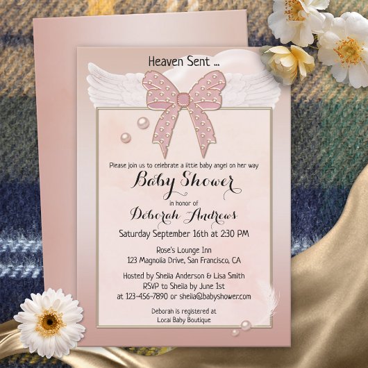 Heaven Sent Angel Wing Girl Baby shower Kaart