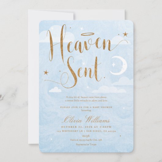 Heaven Sent Baby shower Blauw en goud Kaart (Voorkant)