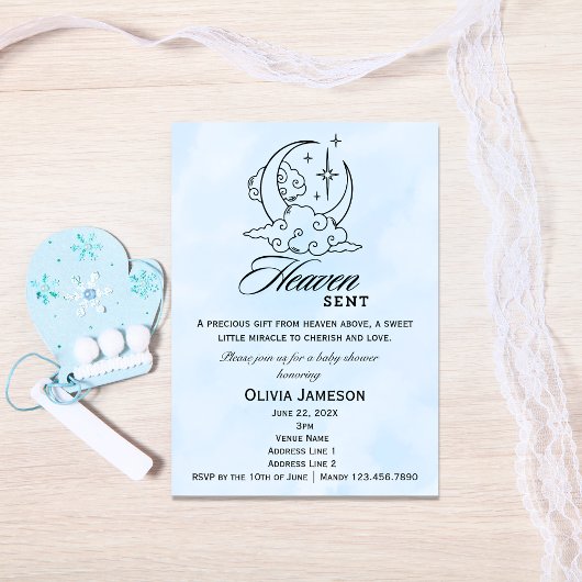 Heaven Sent Baby shower Blue Moon Stars Invitation Kaart