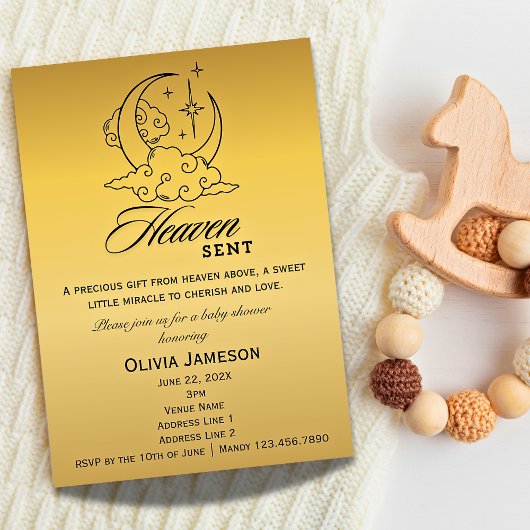 Heaven Sent Baby shower Gold Moon Stars Invitation Kaart