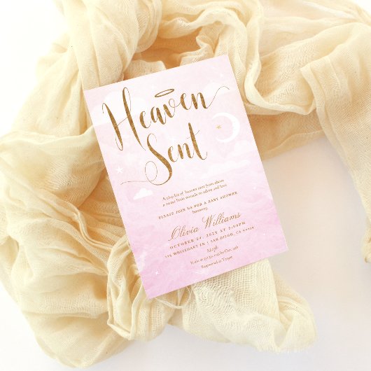 Heaven Sent Baby shower Pink and Gold Kaart