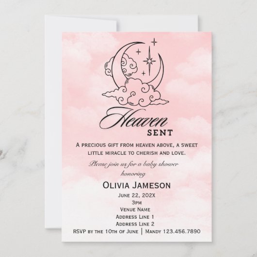 Heaven Sent Baby shower Roze Maan Sterren Uitnodig Kaart (Voorkant)