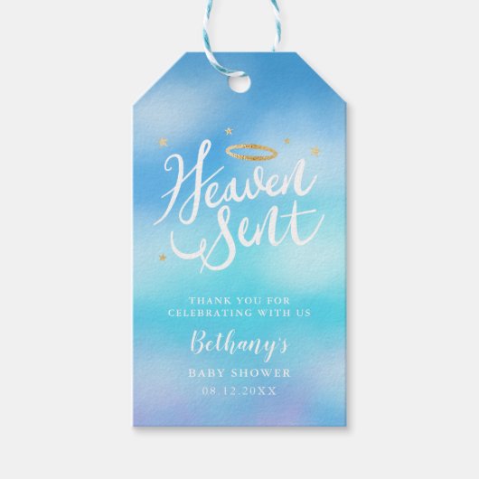 Heaven Sent Blue Baby shower Favor Cadeaulabel (Voorkant)