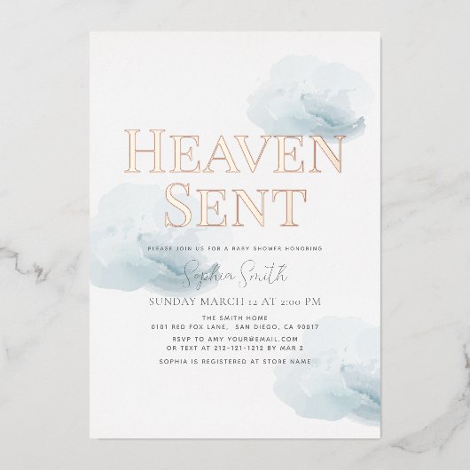 Heaven Sent Blue Cloud Boy Baby shower Folie Uitnodiging (Voorkant)