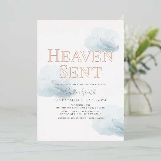 Heaven Sent Blue Cloud Boy Baby shower Folie Uitnodiging (Staand Voorkant)