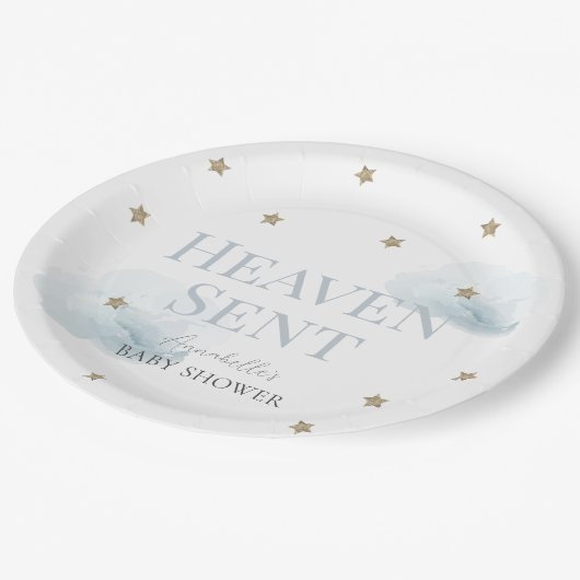 Heaven Sent Blue Cloud Boy Baby shower Papieren Bordje (Gekanteld)