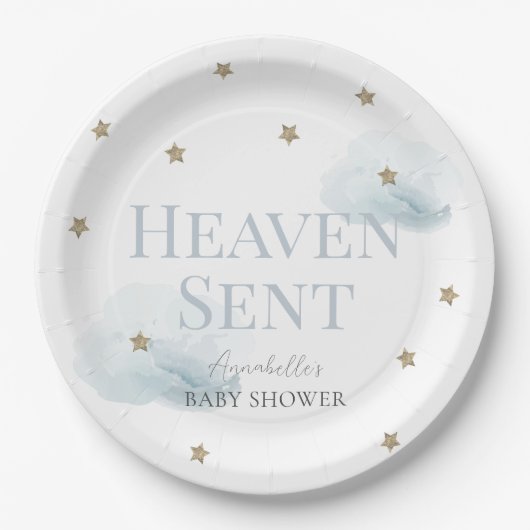 Heaven Sent Blue Cloud Boy Baby shower Papieren Bordje (Voorkant)