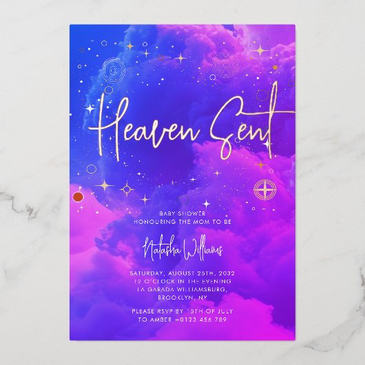 Heaven Sent Celestial Roze en Blauw Baby shower Folie Uitnodiging (Voorkant)