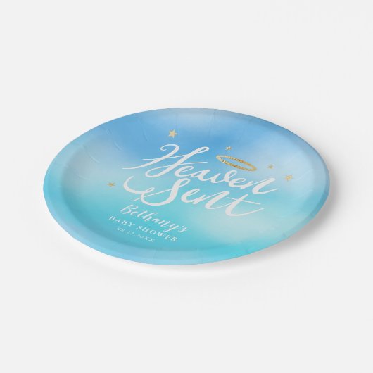 Heaven Sent Christelijk Thema Blauw Baby shower Papieren Bordje (Gekanteld)