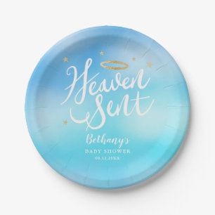 Heaven Sent Christelijk Theme Blue Baby shower Papieren Bordje