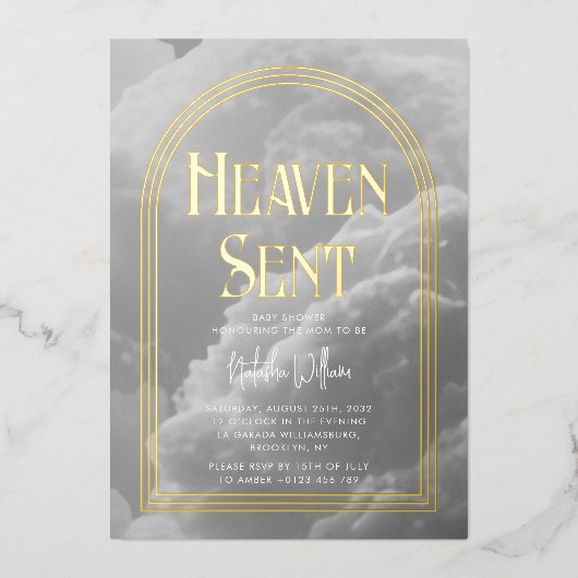Heaven Sent Clouds Golden Neutral Baby shower Folie Uitnodiging (Voorkant)
