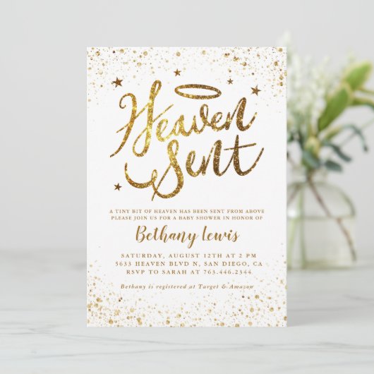 Heaven Sent Gold Gender Neutral Baby shower Kaart (Staand voorkant)