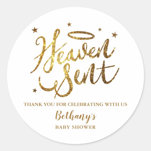 Heaven Sent Gold Glitter Baby shower Favor Ronde Sticker (Voorkant)