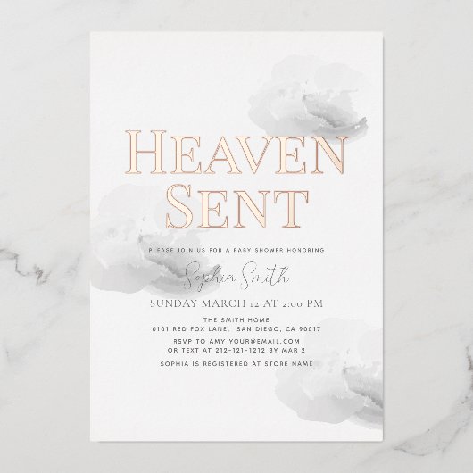 Heaven Sent Grey Cloud Genderneutraal Baby shower Folie Uitnodiging (Voorkant)