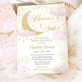 Heaven Sent Moon and Stars Pink Gold Baby Shower Kaart