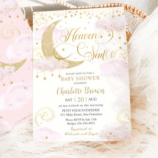 Heaven Sent Moon and Stars Pink Gold Baby Shower Kaart