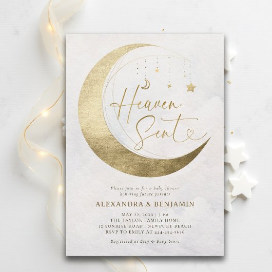 Heaven Sent Moon Gold White Sky Coed Baby Shower Kaart
