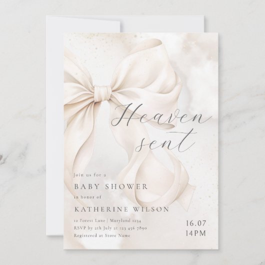 Heaven Sent Neutral Bow Baby Shower Invitation Kaart (Voorkant)