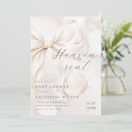 Heaven Sent Neutral Bow Baby Shower Invitation Kaart (Staand voorkant)